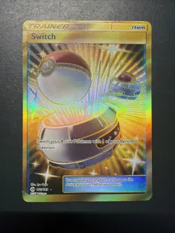 Trainer Switch Gold Pokemon TCG Sun & Moon Card Secret Rare 160/149 NM - Image 1
