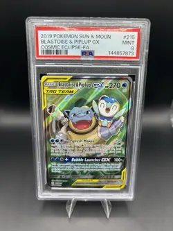 2019 POKEMON SUN & MOON COSMIC ECLIPSE #215 FULL ART/BLASTOISE & PIPLUP GX PSA 9 - Image 1