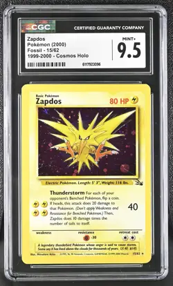 CGC 9.5 MINT+ Zapdos 2000 Fossil 15/62 1999-2000 Cosmos Holo Pokemon Card - Image 1