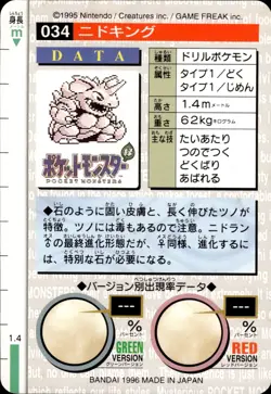 Nidoking Carddass 1996 Vintage Pokemon Pocket Monsters Vending Card B63 NM - Image 2