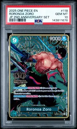 2025 ONE PIECE OP06-118 JAPANESE 2ND ANNIVERSARY SET RORONOA ZORO ENG PSA 10 - Image 1