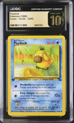 CGC Pristine 10 Psyduck 53/62 1st Edition Fossil Pokemon Card - Image 1