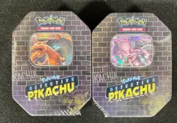 POKEMON 2017 DETECTIVE PIKACHU Tins BOTH CHARIZARD GX TIN & MEWTWO GX TIN NICE! - Image 1