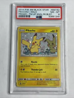 PSA 8 2019 Pokemon Sun & Moon Team Up Pikachu Blister Black Star Promo SM162 - Image 1