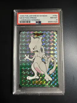 1996 Mewtwo #3 Pokemon Japanese Bandai Carddass Vending Prism Green PSA 8 - Image 1