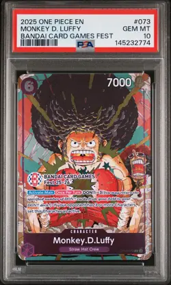2025 ONE PIECE PROMOS BANDAI CARD GAMES FEST #073 MONKEY D. LUFFY PSA 10 - Image 1