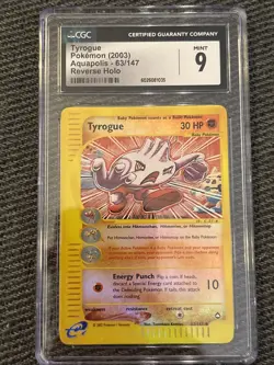 Tyrogue Reverse Holo Aquapolis Set 63/147 CGC 9 Mint Card Pokemon TCG 2003 - Image 1