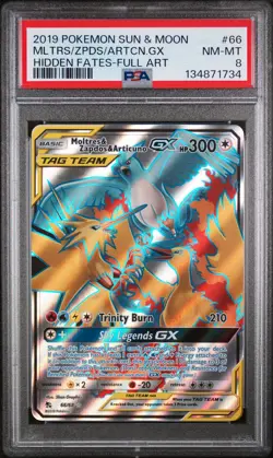 1734 Moltres Zapdos Articuno GX 2019 Pokemon Sun Moon Hidden Fates #66 PSA 8 - Image 1