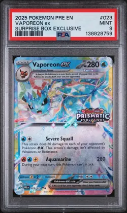 2025 POKEMON PRE SURPRISE BOX EXCLUSIVE #023 VAPOREON EX PSA 9 - Image 1