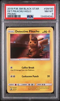 2019 POKEMON SM BLACK STAR PROMO #SM190 DETECTIVE PIKACHU-HOLO PSA 8 - Image 1