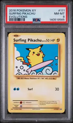 2016 POKEMON XY EVOLUTIONS #111 SURFING PIKACHU PSA 8 - Image 1