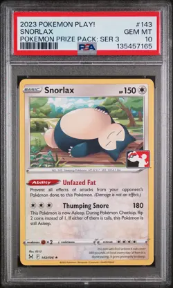 2023 POKEMON PLAY! POKEMON PRIZE PACK: SERIES 3 #143 SNORLAX PSA 10 - Image 1