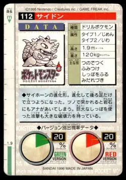Rhydon NO. 112 Green Bandai Carddass Series 1-2 G Pokemon Japanese ~ HP Creased - Image 2