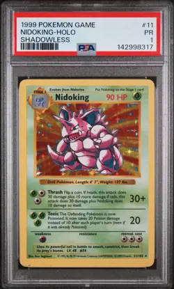 1999 POKEMON GAME SHADOWLESS #11 NIDOKING-HOLO PSA 1 - Image 1