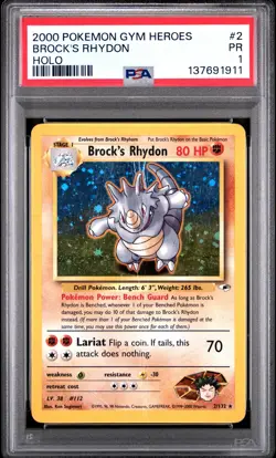 2000 POKEMON GYM HEROES HOLO #2 BROCK'S RHYDON PSA 1 - Image 1