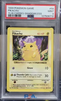 Pokemon Pikachu Yellow Cheeks Base Set Shadowless #58 PSA 9 Mint - Image 1