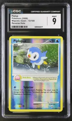 CGC 9 MINT Piplup 2008 Majestic Dawn 72/100 Reverse Holo Pokemon Card - Image 1