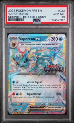 2025 POKEMON PRE SURPRISE BOX EXCLUSIVE #023 VAPOREON EX PSA 10 - Image 1