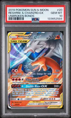 2019 POKEMON SUN & MOON UNBROKEN BONDS #20 RESHIRAM & CHARIZARD GX PSA 10 - Image 1