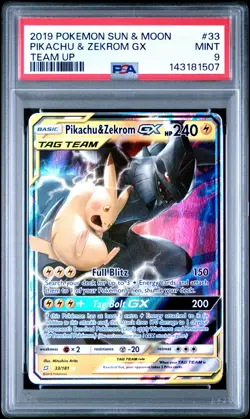 2019 POKEMON SUN & MOON TEAM UP #33 PIKACHU & ZEKROM GX PSA 9 - Image 1