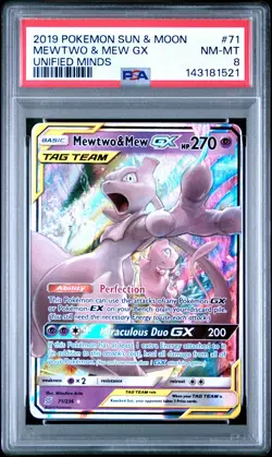 2019 POKEMON SUN & MOON UNIFIED MINDS #71 MEWTWO & MEW GX PSA 8 - Image 1