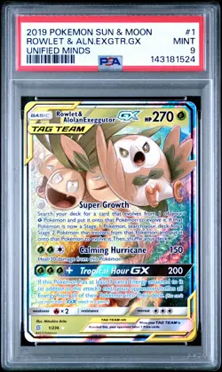 2019 POKEMON SUN & MOON UNIFIED MINDS #1 ROWLET & ALOLAN EXEGGUTOR GX PSA 9 - Image 1