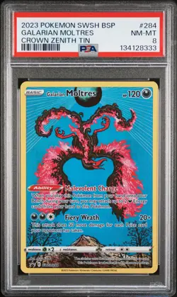 2023 POKEMON SWSH BLACK STAR PROMO CROWN ZENITH TIN #284 GALARIAN MOLTRES PSA 8 - Image 1