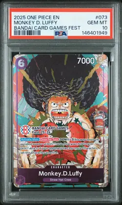 2025 ONE PIECE PROMOS BANDAI CARD GAMES FEST #073 MONKEY D. LUFFY PSA 10 - Image 1