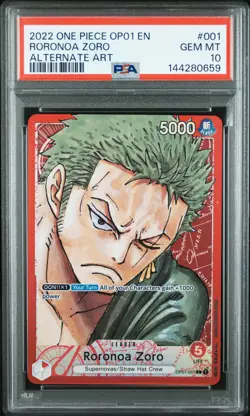 2022 ONE PIECE OP01-ROMANCE DAWN ALTERNATE ART #001 RORONOA ZORO PSA 10 - Image 1