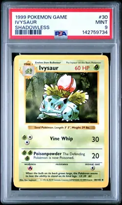 PSA 9 MINT 1999 POKEMON GAME 30 IVYSAUR SHADOWLESS ENGLISH - Image 1