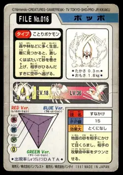 Pidgey File NO. 016 Bandai Carddass Series 3-4 Pokemon Japanese ~ HP Creased - Image 2