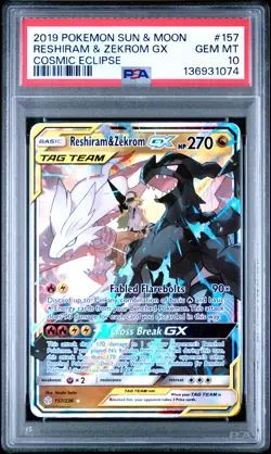 2019 POKEMON SUN & MOON COSMIC ECLIPSE #157 RESHIRAM & ZEKROM GX PSA 10 - Image 1