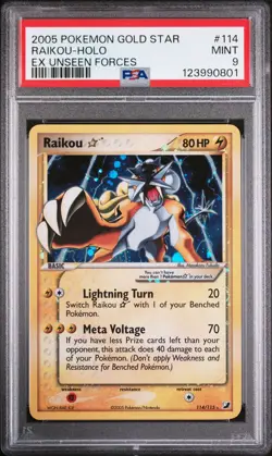 2005 POKEMON EX UNSEEN FORCES GOLD STAR #114 RAIKOU-HOLO PSA 9 - Image 1
