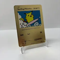 Surfing Pikachu 50HP Pokemon Gold Metal Card Collectible/Display - Image 1