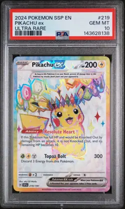 PSA 10 Pikachu ex 219/191 Ultra Rare Surging Sparks SSP Pokemon Card - GEM MINT - Image 1