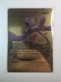 Pokemon Mewtwo & Mew GX Tag Team Gold Foil Fan Art Collector Card TCG Pk1 - Image 1