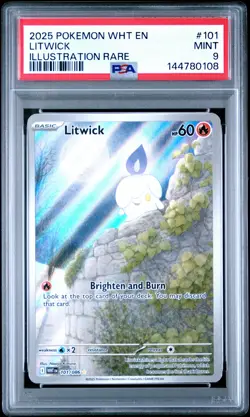144780108 Litwick 2025 Pokemon White Flare #101 Illustration Rare PSA 9 - Image 1