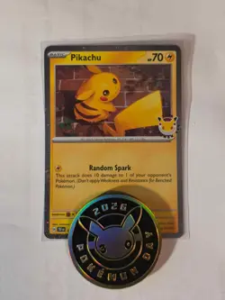 Pikachu 051/162 Stamped 30th Anniversary Promo and Pokemon Day 2026 Coin - Image 1