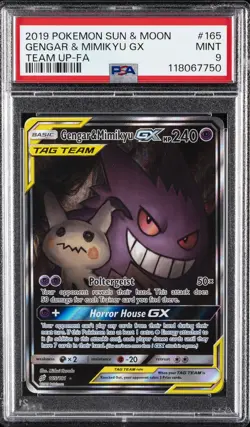 2019 POKEMON SUN & MOON TEAM UP #165 FULL ART/GENGAR & MIMIKYU GX PSA 9 - Image 1