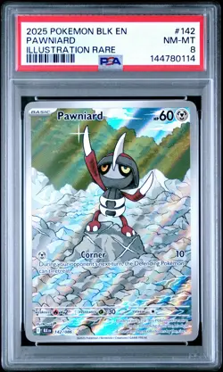 144780114 Pawniard 2025 Pokemon Black Bolt #142 Illustration Rare PSA 8 - Image 1