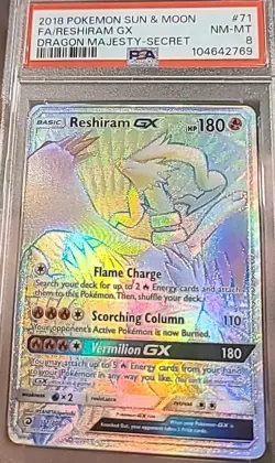 POKEMON CARD RESHIRAM GX 71 SECRET RARE DRAGON MAJESTY #71 GRADED PSA 8 RAINBOW - Image 1
