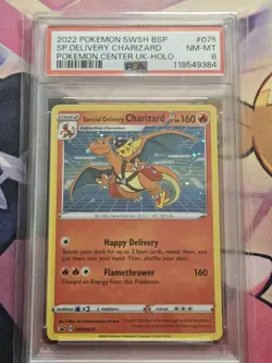 2022 POKEMON CENTER UK SWSH BSP #075 SPECIAL DELIVERY CHARIZARD HOLO PSA 8 SWIRL - Image 1