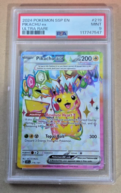 2024 Pokemon Surging Sparks #219 Pikachu EX PSA 9 Mint Condition - Image 1