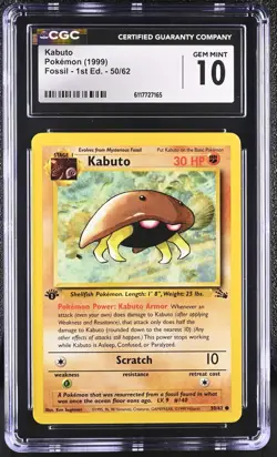 Pokemon Card Kabuto 50/62 1st Edition Fossil 1999 CGC 10 GEM MINT - Image 1
