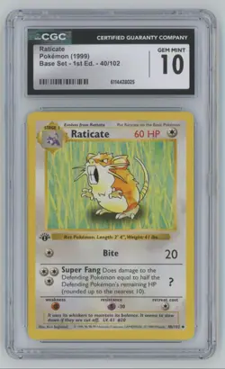 1999 Pokemon Base Set 1st Edition Raticate CGC 10 #40 - Image 1