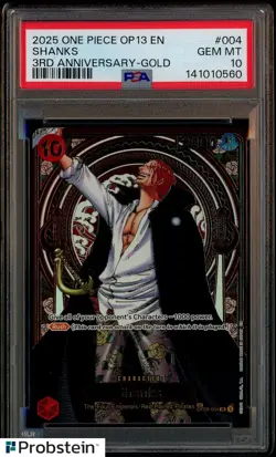 2025 One Piece OP13 ENGLISH 3rd Anniversary Gold #004 Shanks PSA 10 GEM MINT - Image 1