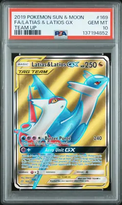 2019 POKEMON SUN & MOON TEAM UP 169 FULL ART/LATIAS & LATIOS GX PSA 10 - Image 1
