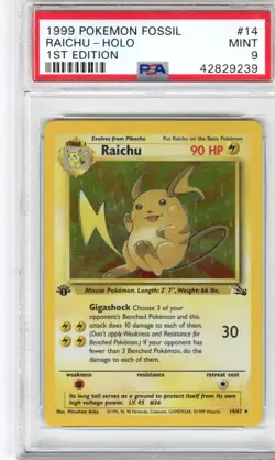 1999 Pokemon Fossil 1st Edition Raichu - Holo #14 PSA Mint 9 - Image 1