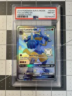 2019 POKEMON SUN & MOON HIDDEN FATES #SV64 FULL ART/LUCARIO GX PSA 8 - Image 1