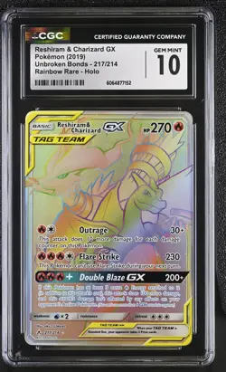 CGC 10 GEM MINT Reshiram & Charizard GX Unbroken Bonds 217/214 Rainbow Pokemon - Image 1
